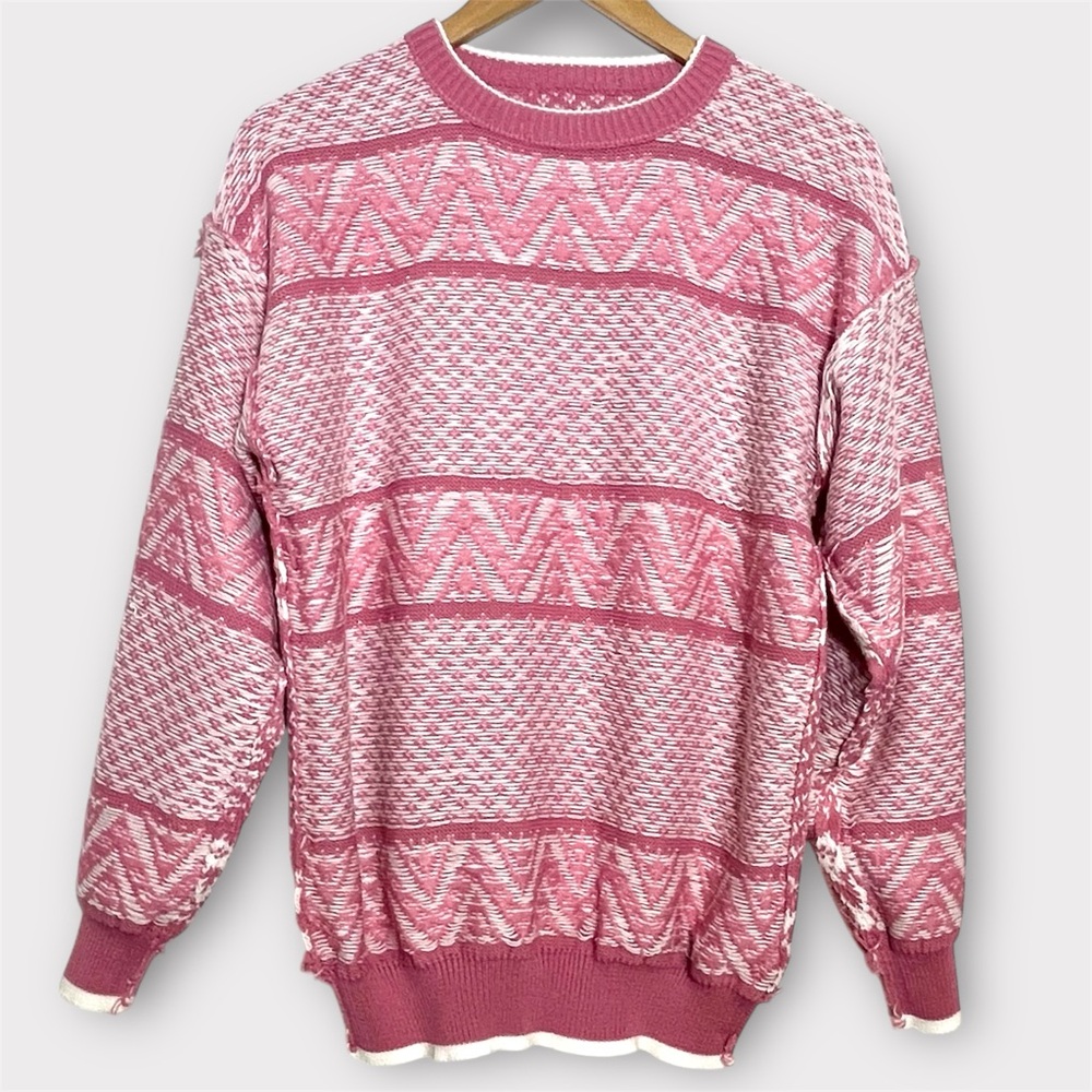 Vintage Pink Nordic Pattern Sweater Cozy Cottagecore Knit Pullover Large - Picture 8 of 12